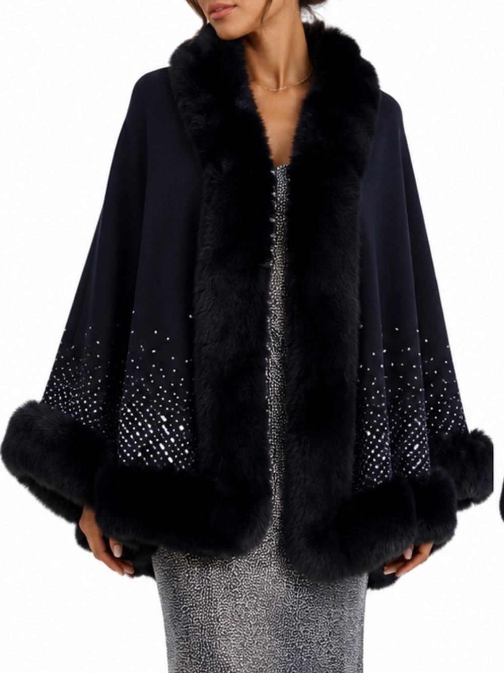 NWT Y2K Rhinestone studded plush polyester & faux fur evening wrap/shawl O/S